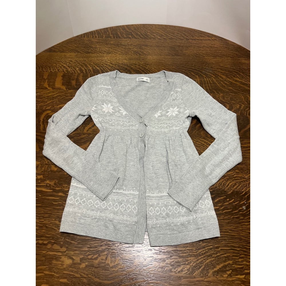 Hollister Cardigan Sweater Womens Small Gray Fair Isle Snowflake Empire Waist